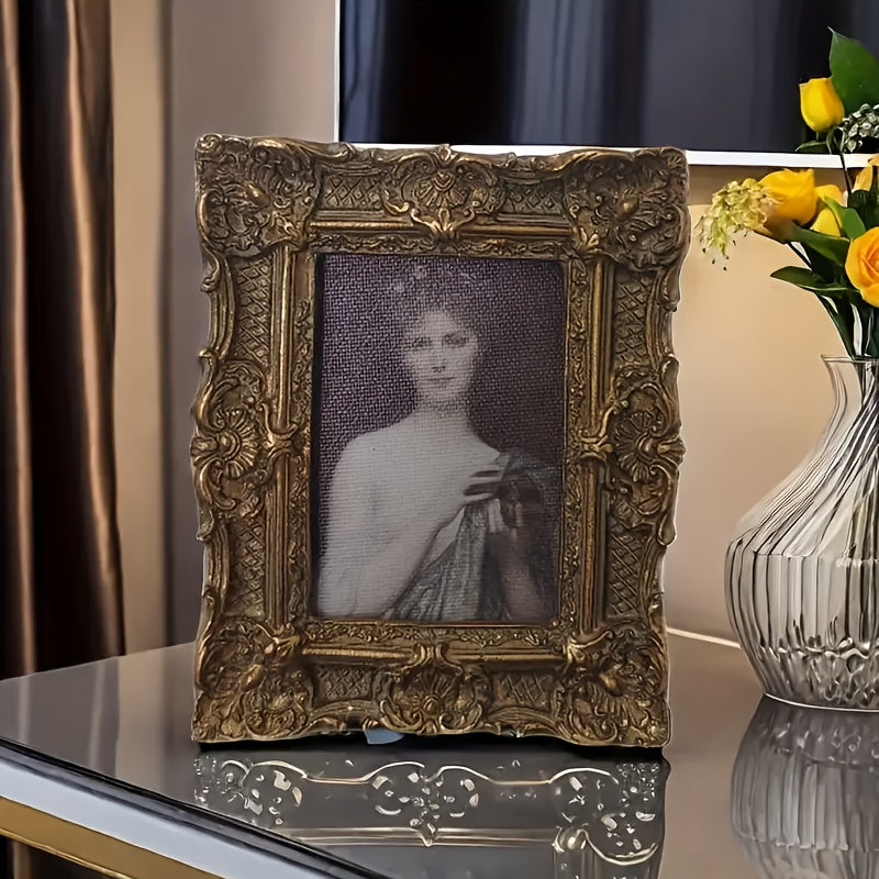 TEMU Vintage European Style Resin Photo Frame, Rectangular Vertical For Indoor European Decor, Elegant Tabletop Display, Portable, Floor Mount, No