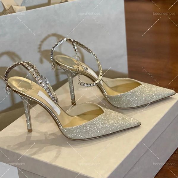 designer heels women Pointed toe rhinestone pumps chain strap high heel sandals Stylish luxury high heels dress shoes Leather sole Top Quali