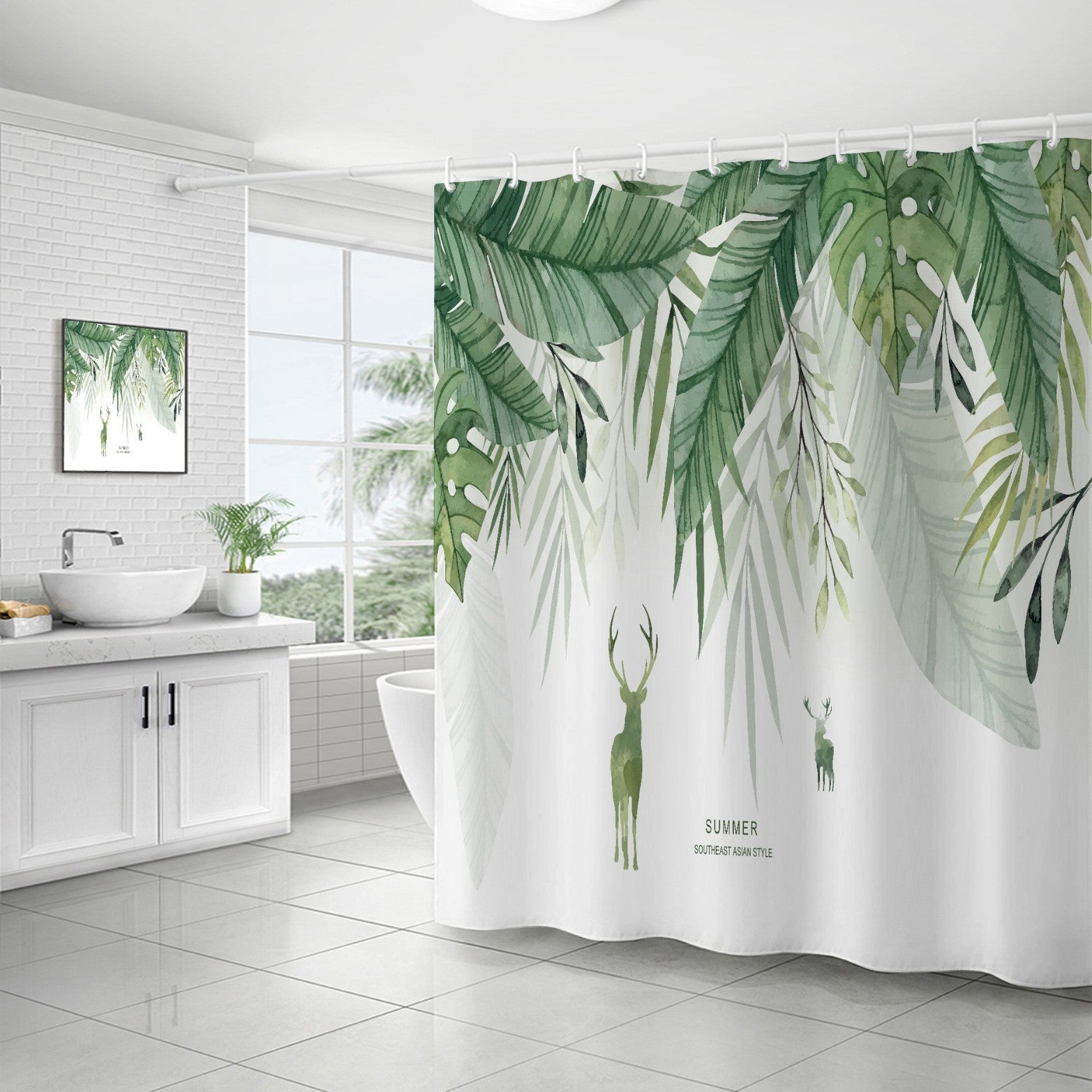 YL-37136 digital shower curtain cross-border plant flower waterproof polyester bathroom four-piece set dry and wet separation moisture-proof