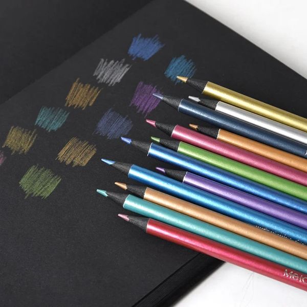 12pcs Metallic Colored Pencil Vintage Wooden Pencils DIY Drawing Painting Sketching Tools Korean Stationery Office Supplies