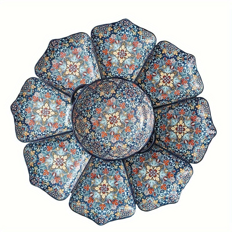 TEMU 9pcs Household Dish Plates Ceramic Dishes Set Chinese New Year Round Table Dinner Plate Bohemian Reunion Platter Tableware Set Baroque