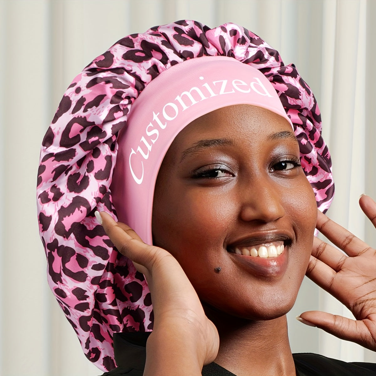TEMU 1pc Customized Leopard Print Satin Sleeping Bonnet - Soft & Comfortable Elastic Wide-brim For Wigs, Curly Hair Care & Sleepwear, Valentine's Day