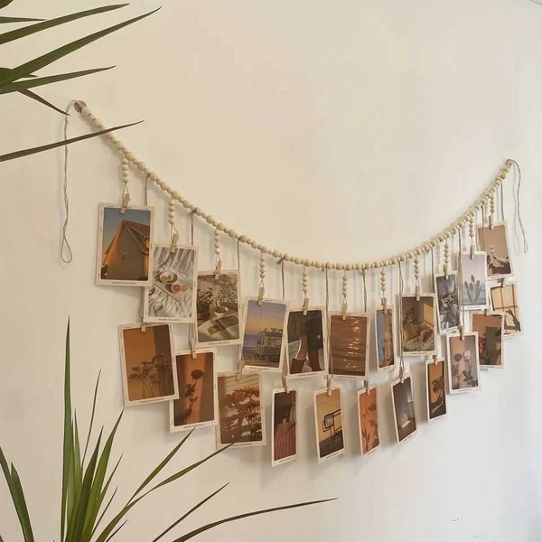 1pc Wood Bead Decor Hanging Photo Frame With 18 Clips - Ideal for Dorm room Bedroom Office - Perfect for Christmas Vale Y250116