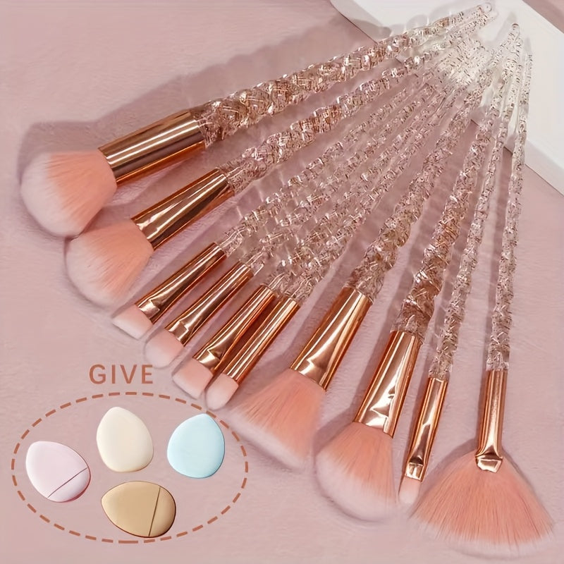 TEMU 10pcs Round Makeup Brush Set, Send 4 Puff, Nylon Bristles, Abs Plastic Handle, Alcohol-free, Suitable For Types, Base Colors, Eyeliner,