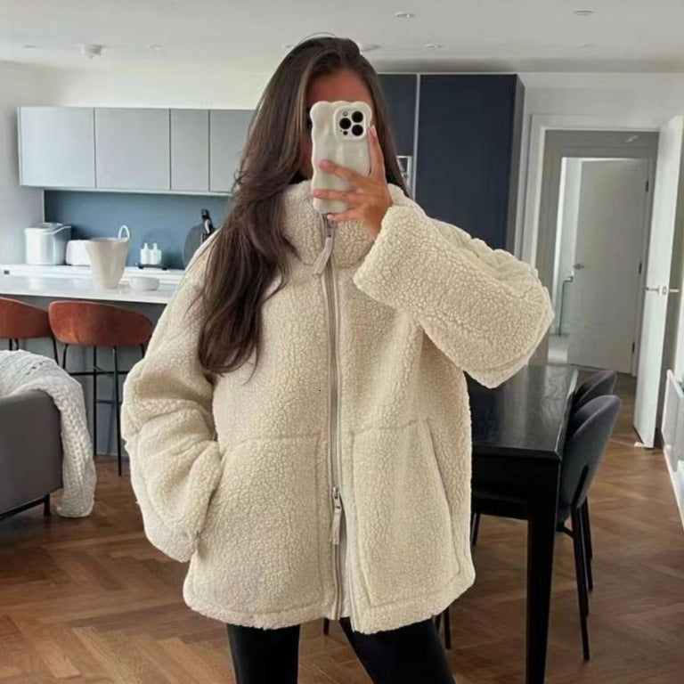 2025 Autumn Winter New Womens Solid Color Lazy Style Lamb Wool High Collar Woolen Coat A88888 241029