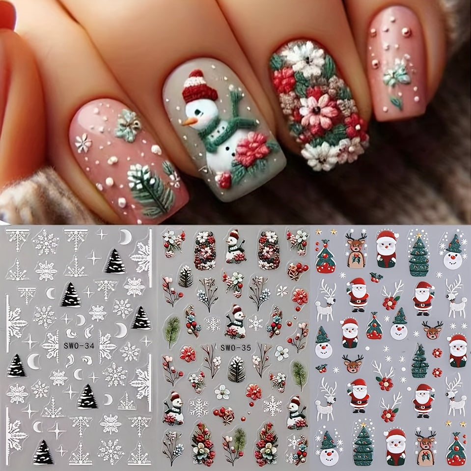 TEMU 3pcs Christmas Nail Art Stickers - 3d Snowman, Tree & Floral Designs | Matte , Self-adhesive Decals For , Christmas Nail Stickers