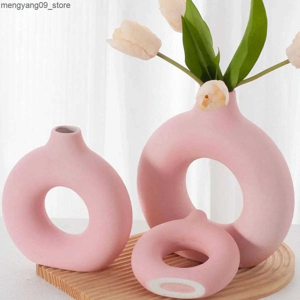 Vases 1PC-Elegant Ceramic Frosted Circular Donut Vase - Modern Minimalist Decor Perfect for Flower Arrangement and Home Decoration J241210