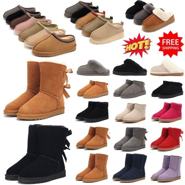 free shipping designer women boots tasman tazz slippers sliders fur slides clogs sandals mini boots khaki black grey platform slide girls wi