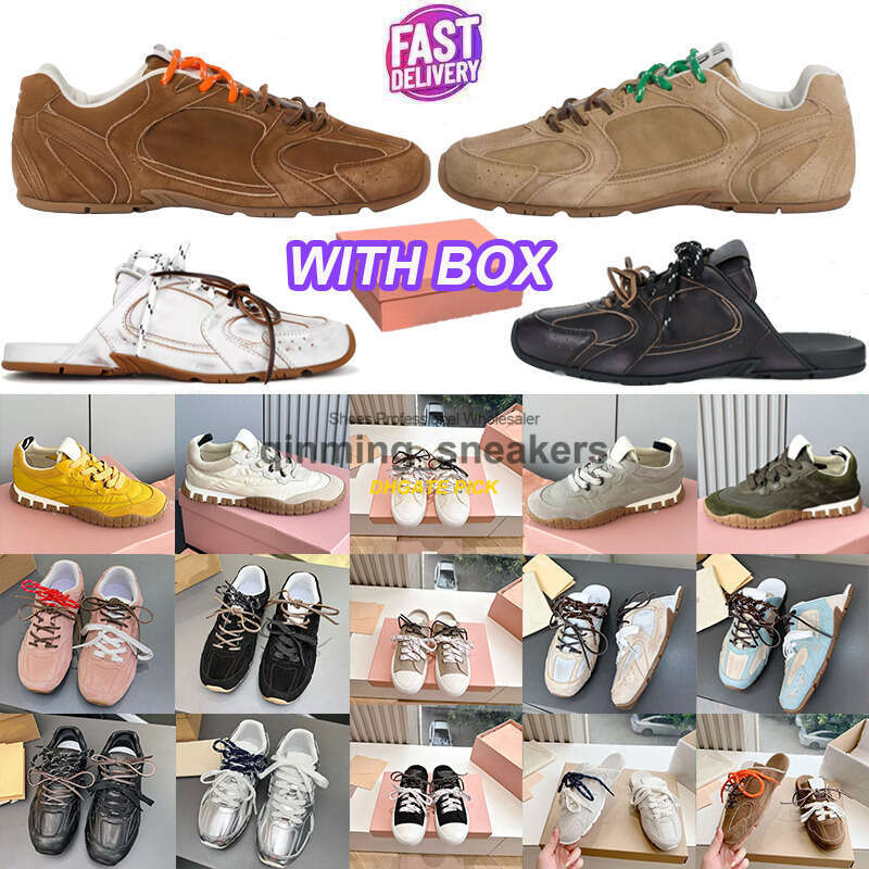 10A Top quality brown Nubuck Leather Lace-up Casual mules shoes Flat Slides slippers sandals Beach Flat shoes Luxury designer slides for womens Vaca