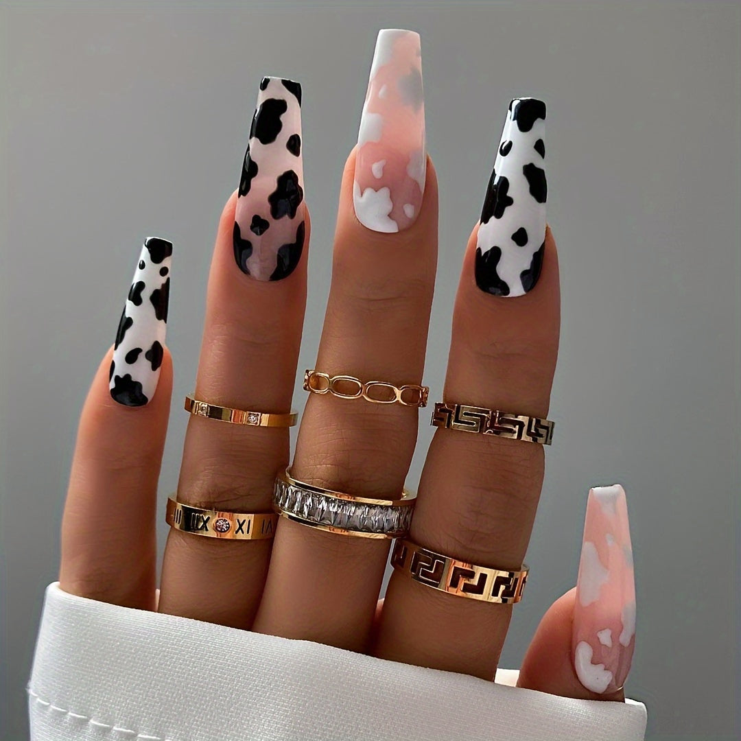 TEMU 24-piece Mixed Color Long Almond-shaped Nail Tips With Glossy Geometric Cow Print Design, Includes Jelly Glue & Filing Stick