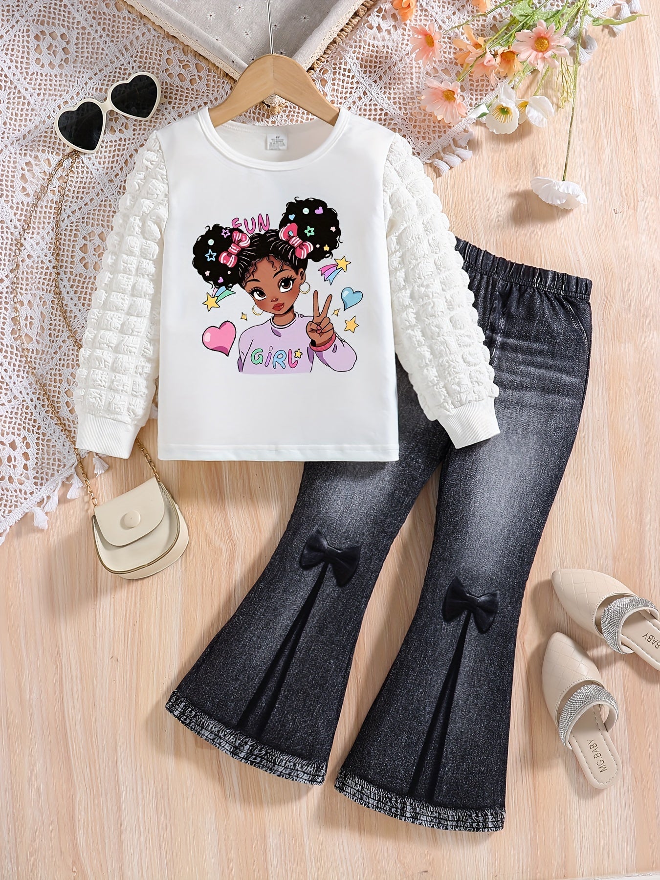 Girls&#039; Set with Round Neck Bubble Sleeve Top & Bell Bottom Denim Pants Multiple colors available - KJ1C4230A-B-C