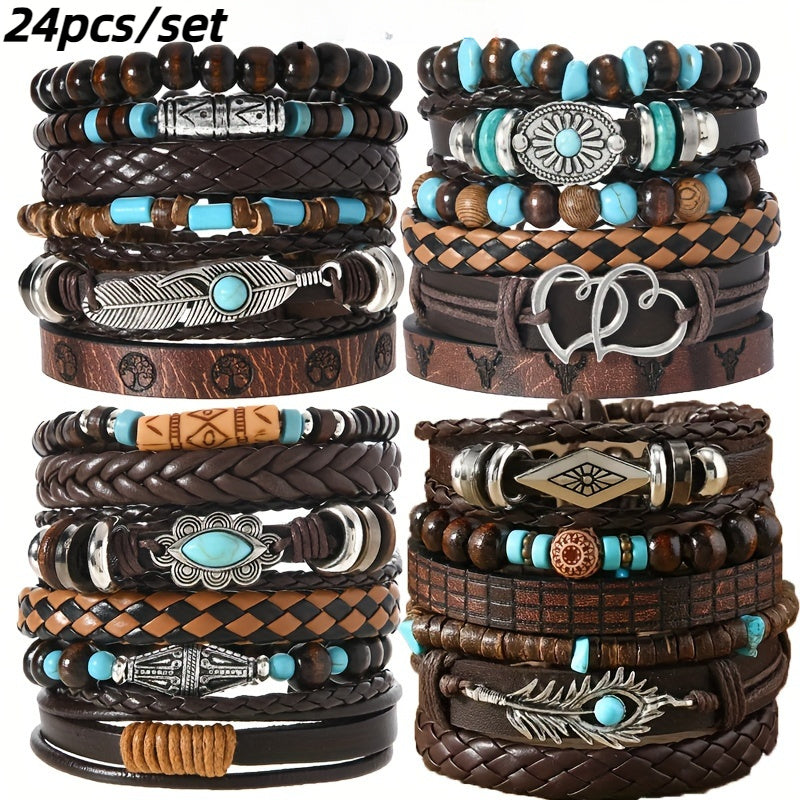 TEMU 24pcs Bohemian Retro Western Denim Turquoise Bead Bracelet Set, Woven Pu Leather Bracelet, Flower Pendant, Neutral Fashion Jewelry For
