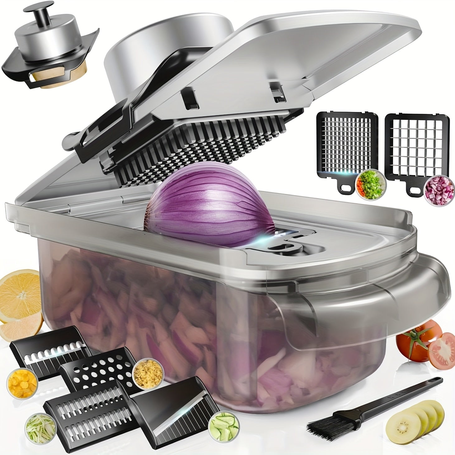 TEMU 9-in-1 Stainless Steel Mandoline Slicer With Container - 304 Stainless Steel Vegetable Chopper & Cutter, Manual Hand-powered Kitchen Tool For