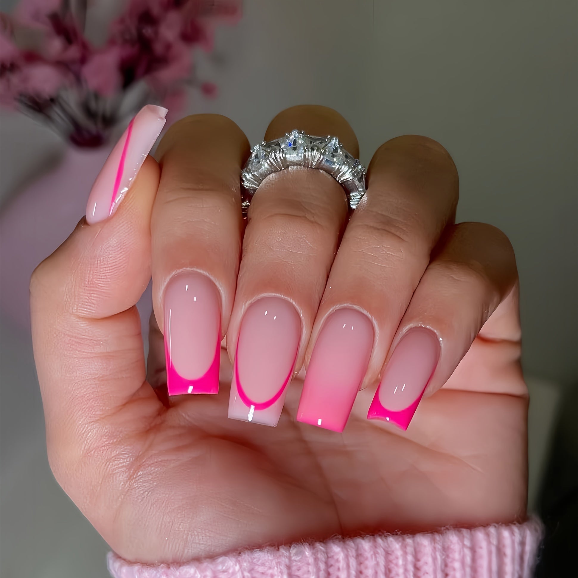 TEMU 24pcs Pink Square Medium Length Press-on Nails With Glossy French Gradient Design, Fashionable Sweet , Removable For All Women And Girls,