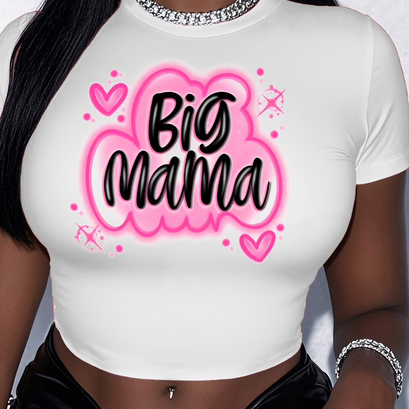 TEMU Women's "" Mom Lettering & Hearts Crop Top - Glossy Short Sleeve Blouse, Stretchy Polyester Blend Casual Summer Outfits, White With Pink Print,