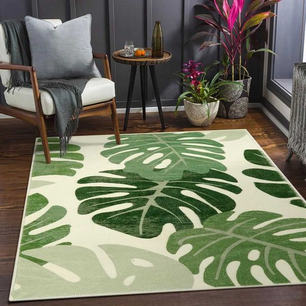 Green washable carpet tropical monster plant anti slip bedroom carpet porch entrance kitchen Y250210