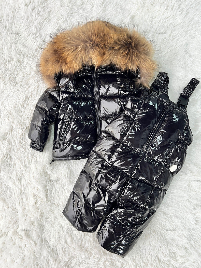 Top down baby jacket child Outwear Winter warmth kids designer clothes Two-piece set Fur hat collar girls boys coat and down pants A000X27N285-d