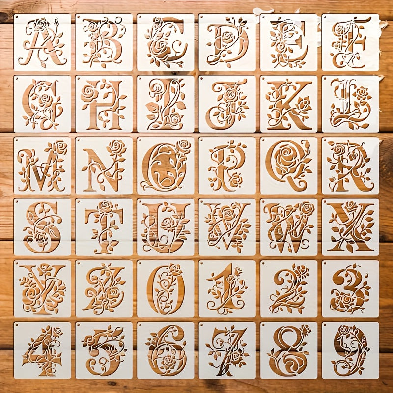 TEMU 36pcs Floral Alphabet Stencils, 3, 9 Inch Reusable Painting Templates For Wall Decals, Appliques, Pillows, T-shirts, Carving, Etching, Plates,