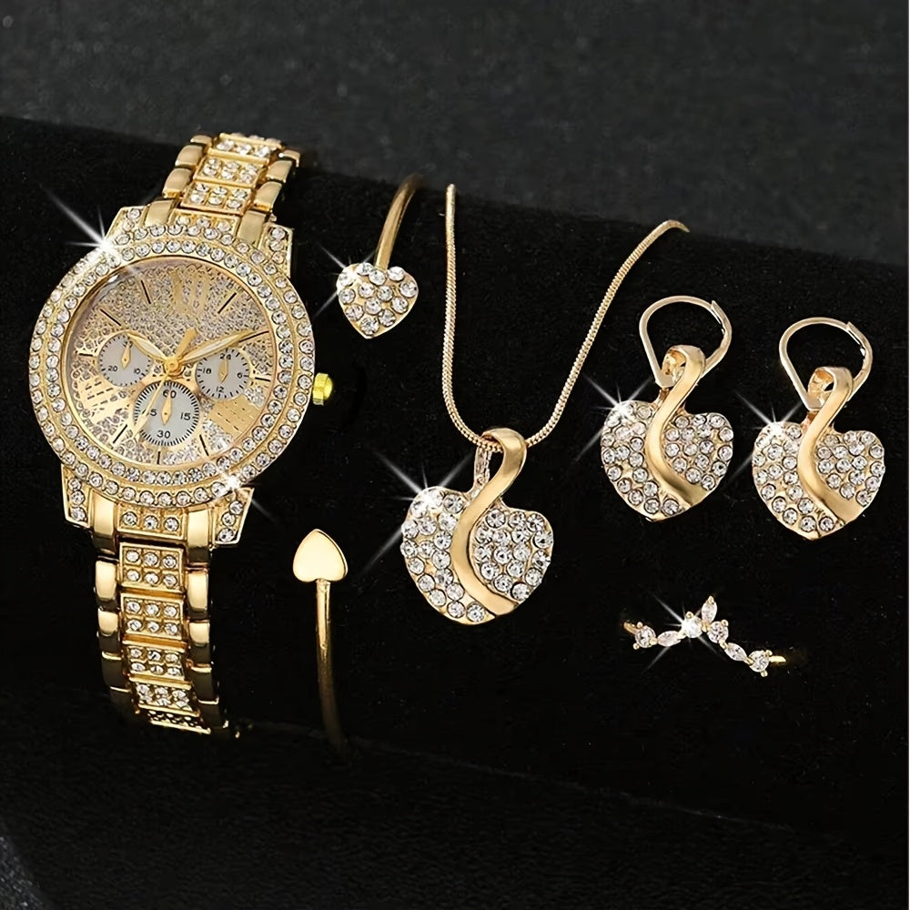 TEMU 6pcs Women's Watch & Jewelry Set - Golden-tone Sparkling Quartz Watch With Heart, Earrings, Necklace, Ring And Bracelet Fashion Jewelry Set