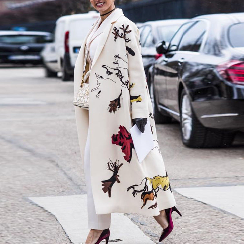 Women&#039;s Fur Autumn Winter White Print Cardigan Coat Fashion Women Turn-down Collar Long Woolen Elegant Casual Loose Straight Outerwears