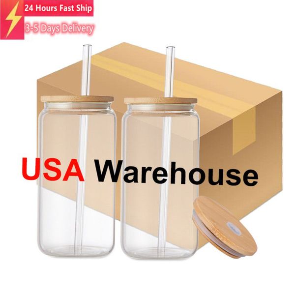 16oz Sublimation Glass Mugs Clear Cola Can Tumblers With Bamboo Lid and Reusable Straw Beer Cocktail Cup Whiskey Coffee Iced Tea Jar US Ware