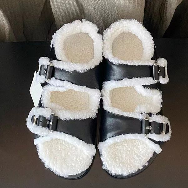 Fall-Winter New Hairy Sandals For Women Wearing Sheep Fur One Piece Leather Buckle Flat Bottom Plush Fashion Casual Shoes