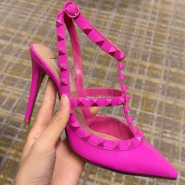 top-level Women Luxurys Shoes 10cm high heel balck patent leather d strap Cage heels sandals stiletto pointed toes ankle straps Dress shoe W