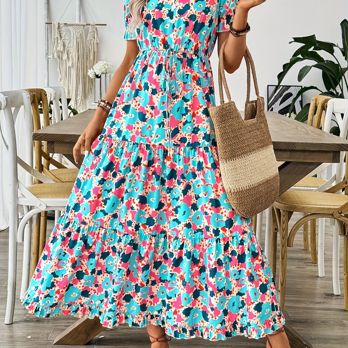 TEMU Women's Casual Floral Print V-neck Dress With Button Front And Tie Waist - Lightweight, Dress For Adult, Casual Attire|floral Print