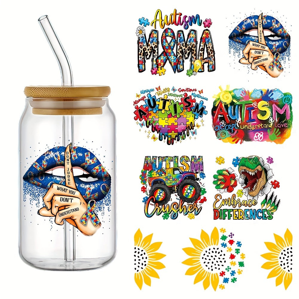 TEMU 4pcs Autism Theme Uv Dtf Cup Wraps Decals Waterproof Transfer Stickers Dly Sticker For 16oz Bottle Cup Glass Cup Wraps Fashion Decals Diy Crafts