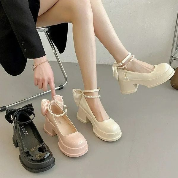 Womens Thick Platform Mary Janes Lolita Shoes Party Pump Summer High Heels Sandals Bow Chain Inkless Good Shoes Oxford Zapatos 241111