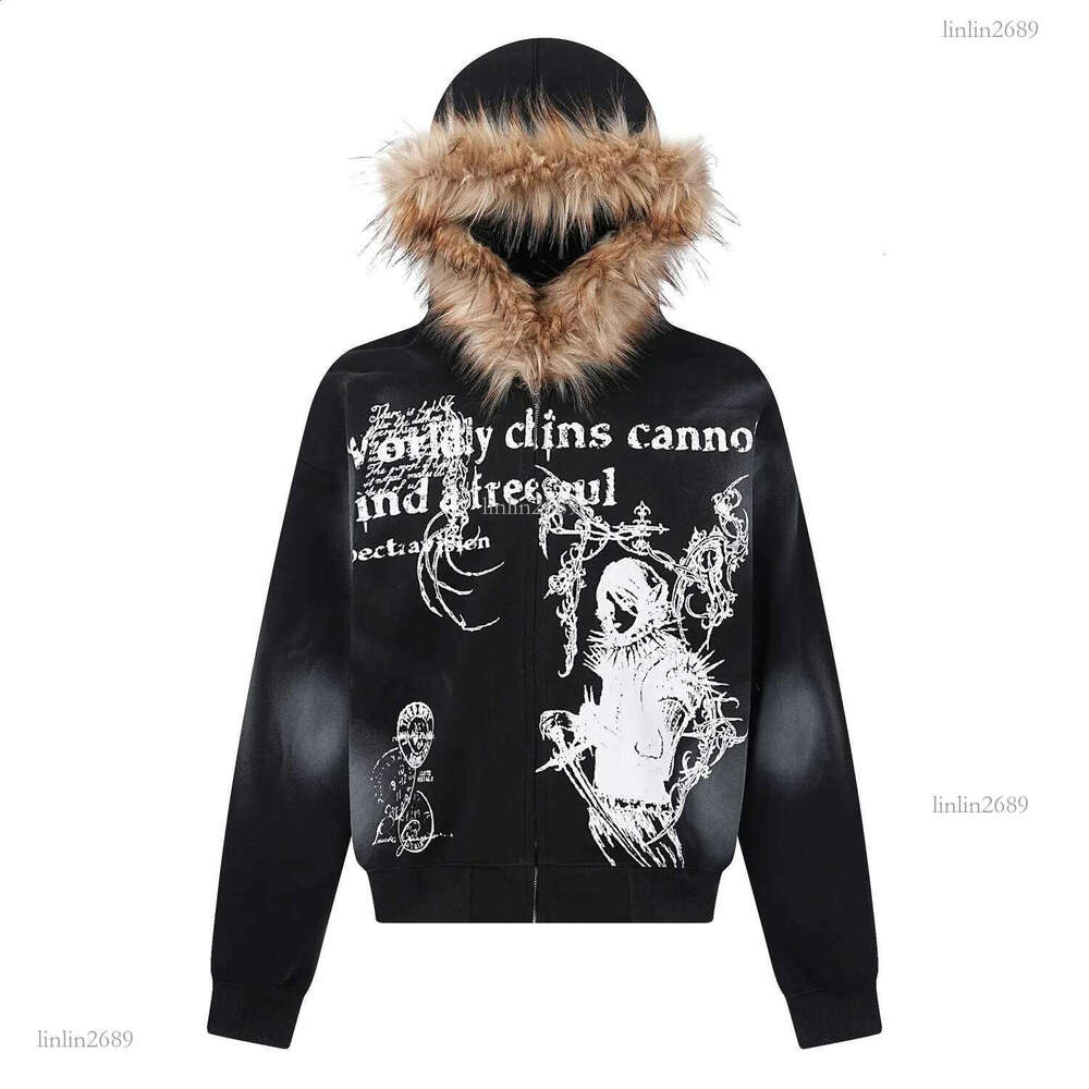 2025 Street fashion Winter personality print zipper hoodie for men Y2k Harajuku vintage fur collar warm loose jacket 250102