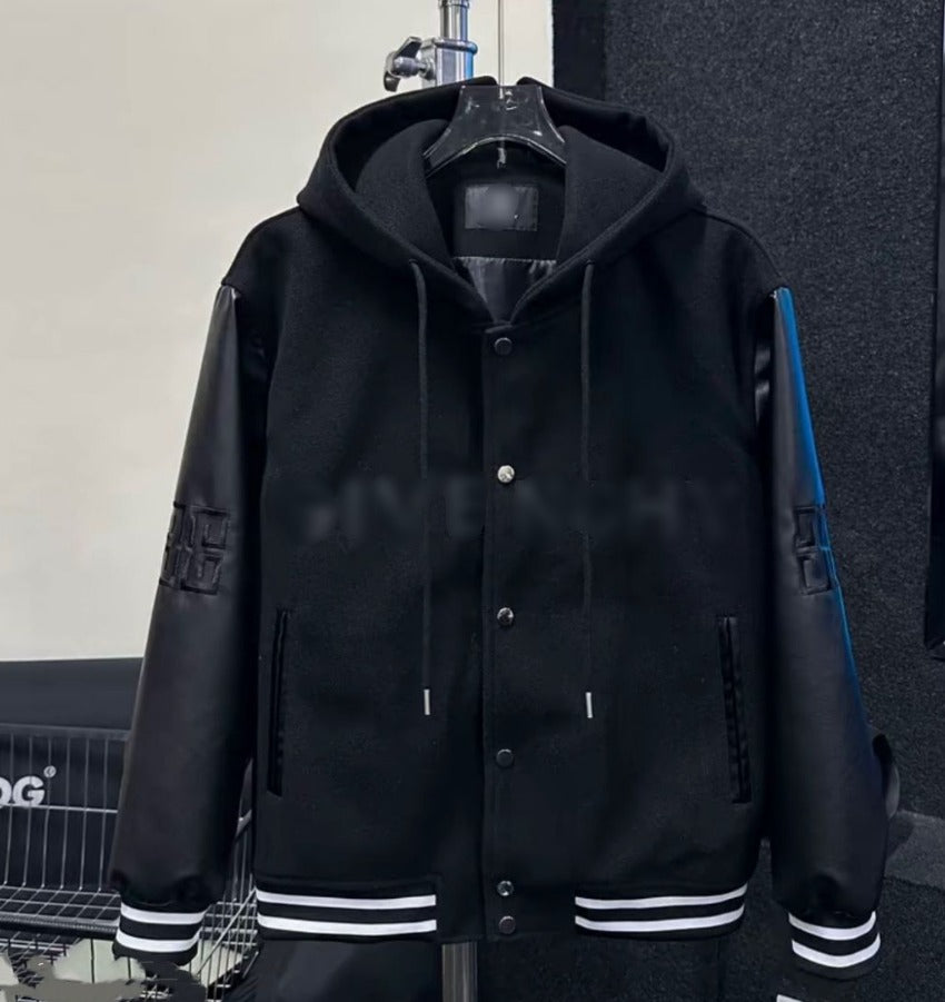 Men&#039;s Jackets Basketball Couples Autumn Embroidery Letters Brand Hooded Black Leather Outerwear Coat Windbreaker Outdoor Sports