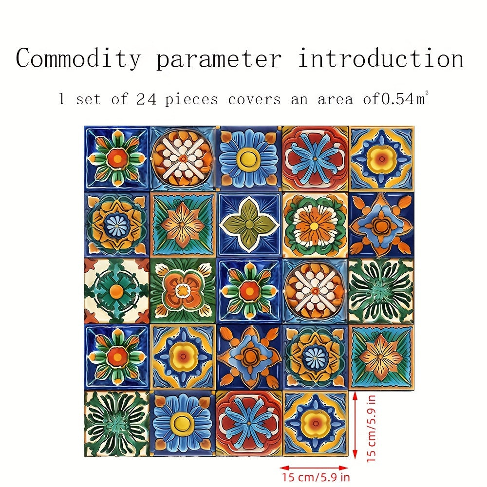 TEMU 24 Pcs Large Moroccan Style Floral Square Vinyl Tile Stickers- Waterproof, Oil-proof, Removable, Retro Wall Decals For Bathroom, Kitchen,