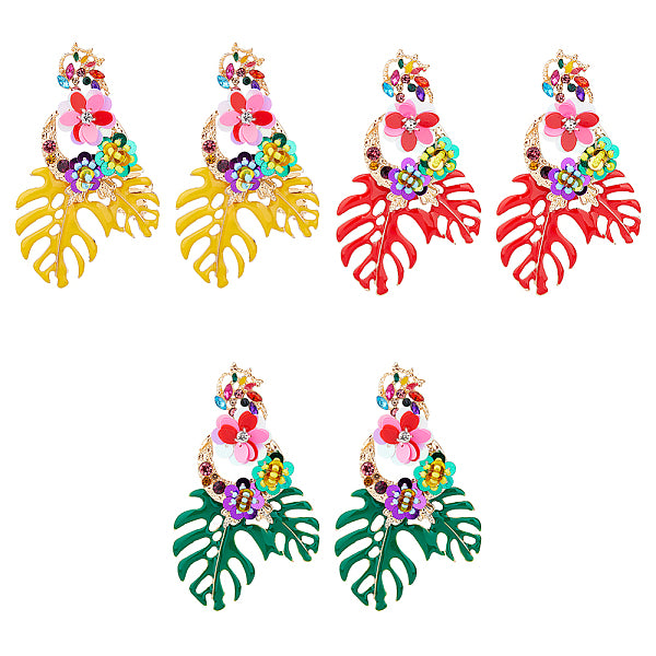 3 paire de boucles d'oreilles pendantes en strass à fleurs et feuilles de 3 couleurs