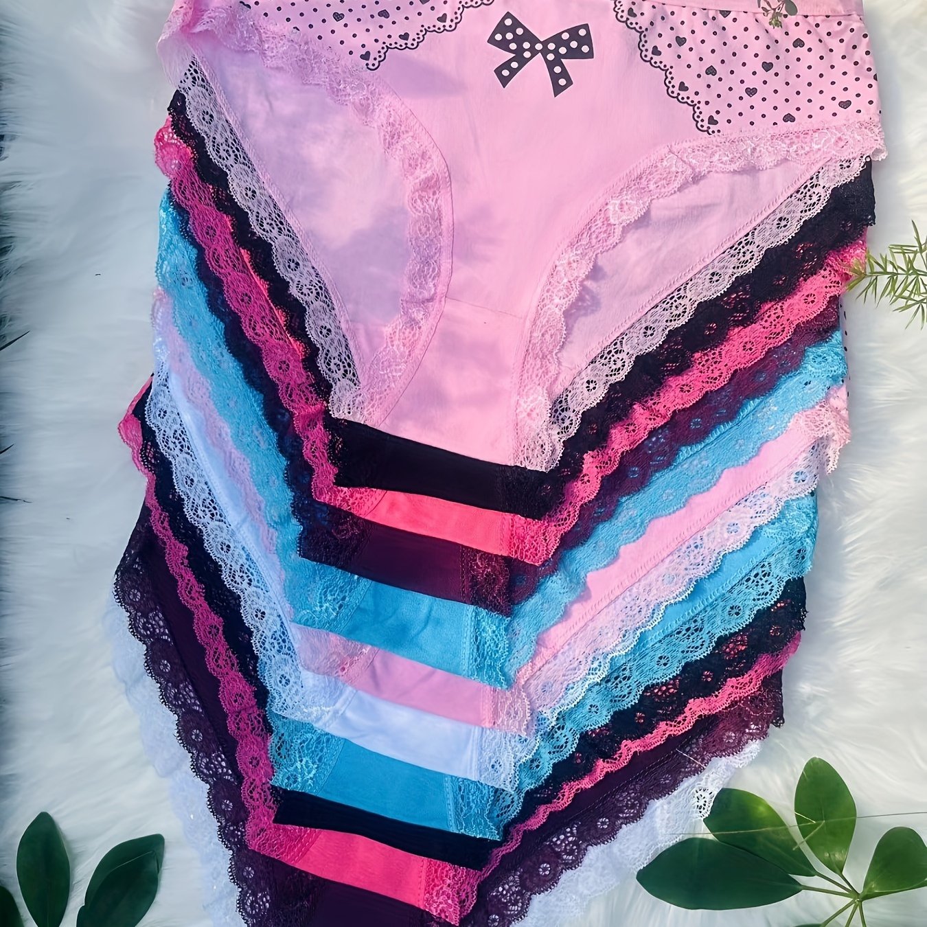 TEMU 12pcs Lace Briefs Elegant Panties Plus Size Bow Heart Print Comfy & Breathable Stretchy Intimates Women's Lingerie & Underwear