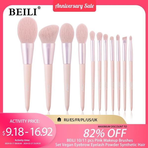 BEILI 10-11 pcs Pink Makeup Brushes Set Vegan Eyebrow Eyelash Powder Synthetic Hair Foundation Brush Make Up Tools For Women 240315