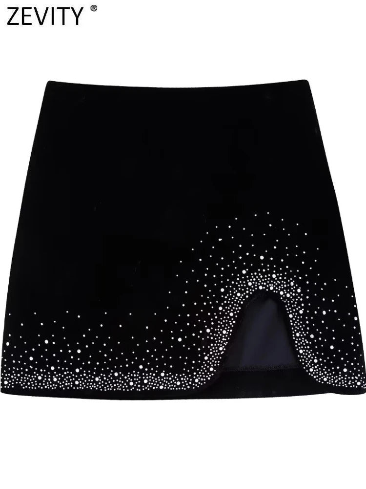 Zevity Women Fashion Shinning Sequined Irregular Velvet Mini Skirt Skirts Womens Chic Side Zipper Dresses QUN2663 250311
