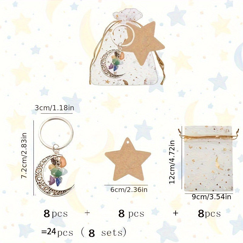 TEMU 24pcs Moon Keychain Party Gift Set, Souvenirs For Star And Crescent Themed Parties – Includes 8 Keys, 8 Blank Labels, 8-star & Drawstring Bags
