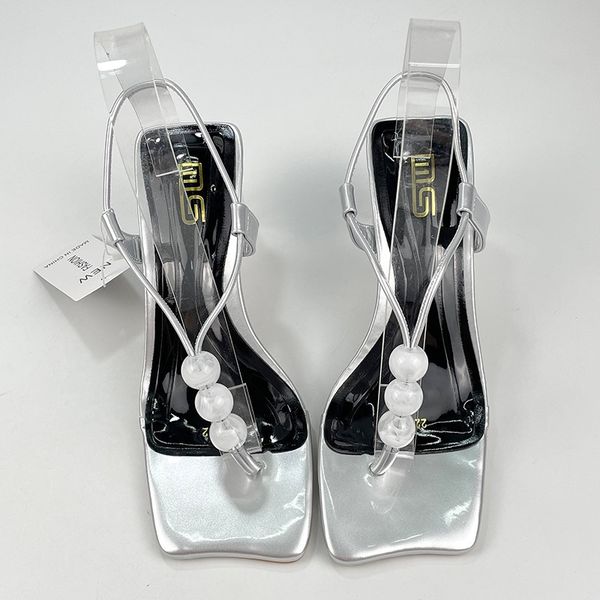 Summer 2024 New Fashion Square Head High Heels Round String Bead Sandals Large Size Women Shoes a5f0