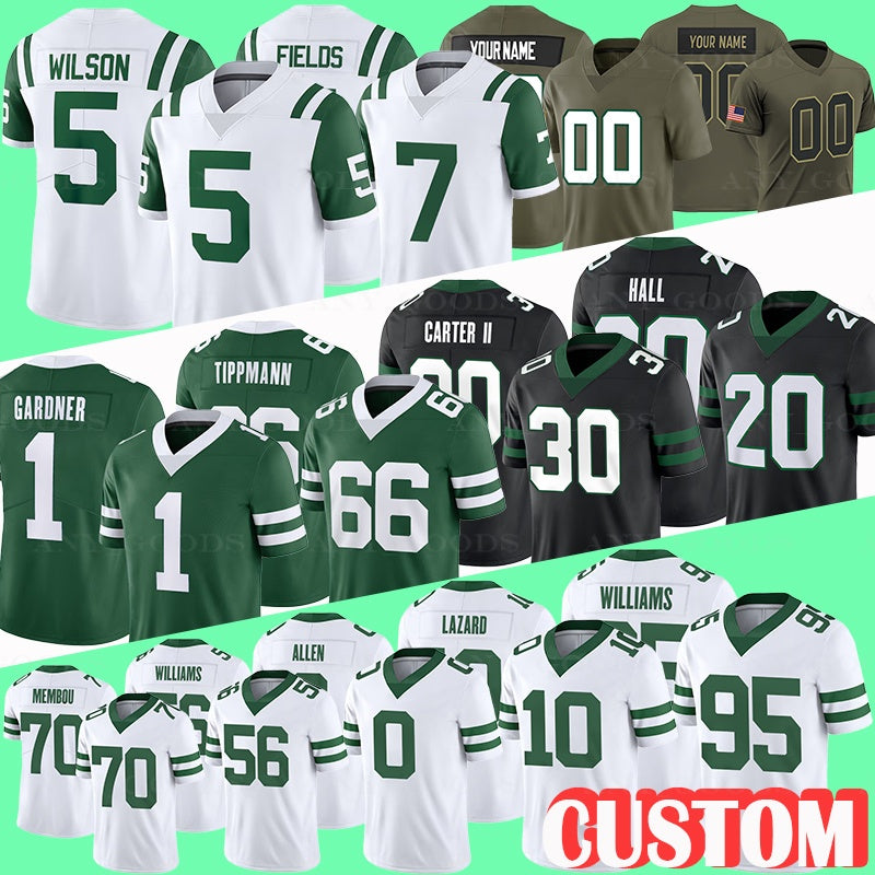 2025 New Football Jersey 5 Garrett 7 Justin Fields 1 Sauce Gardner 66 Joe Tippmann 30 Michael Carter II 20 Breece Hall 95 Quinnen Williams 10 Allen