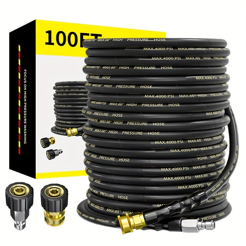 TEMU 4200 Psi Pressure Power Washer Hose 100ft 3-8'' High Tensile Wire Braided Car Wash Braided Hose, With 2 Quick Connect Kits Compatible M22 14 Mm,