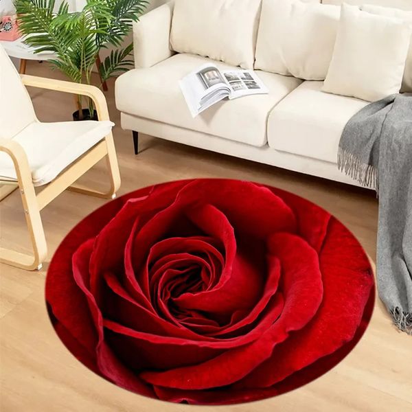 Red Rose Round Floor Mat Flower Plant Fashion Romantic European Modern Living Room Bedroom Bedside Decor Carpet Round Floor Mat 250120