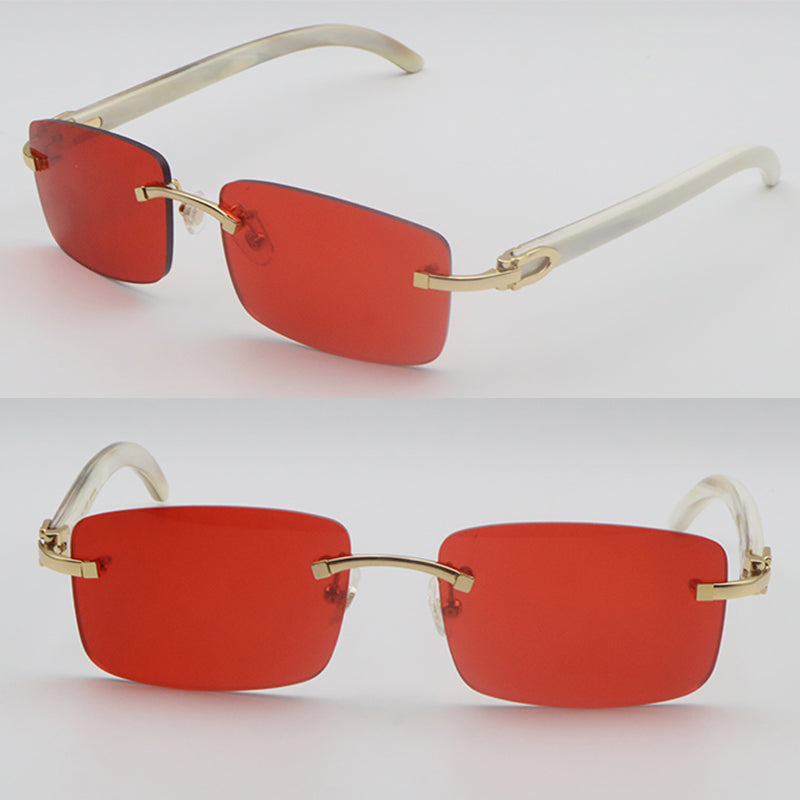 Famous Men Women Rimless Mirror Lens Sunglasses 8200757 White Genuine Natural Horn Glasses High quality Mens Sun Glasses C Decoration 18K Gold Frame