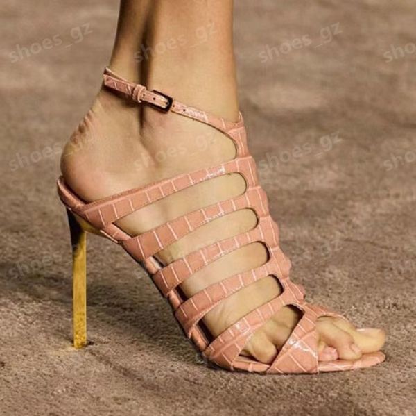 New stone pattern leather caged Gladiator sandals 100mm pumps stiletto Heels women&#039;s high heeled Luxury Fashion Designers Evening Party