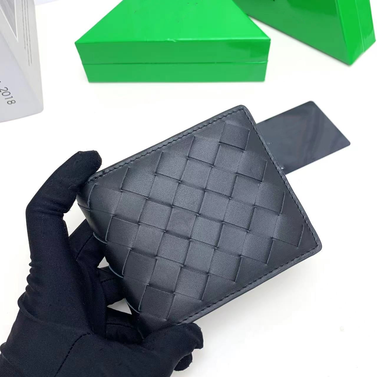 Luxury Mens Wallet Business Card Holder Designer Wallet Knitting Cow Leather Black European Trendy Short Thin Style With Wallet Box