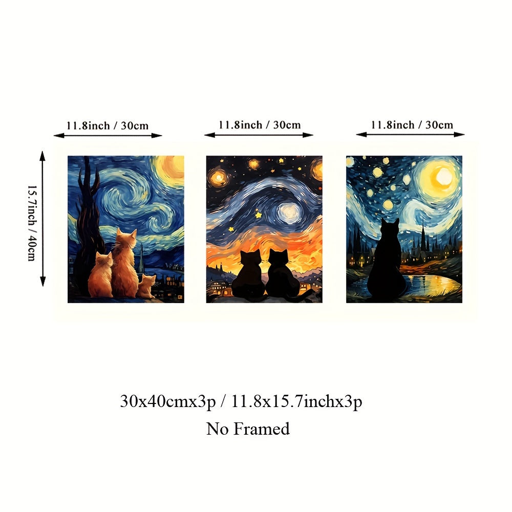 TEMU 3pcs Unframed Canvas Art Prints - Van Starry Night & Black Cat Wall Decor For Bedroom, Living Room, Home Office Posters