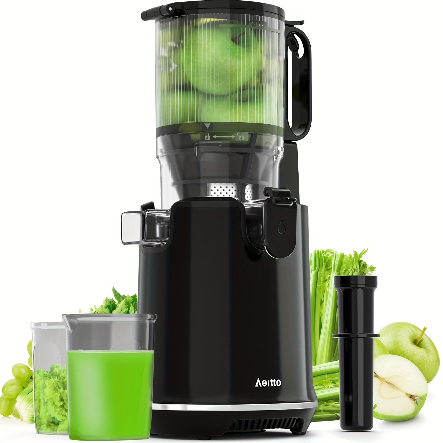 TEMU Aeitto Masticating Juicer, Cold Press Juicer Machines With 5.1" Large Feed Chute, Easy To Clean With Brush, Black-grey, Juice Extraction, Modern