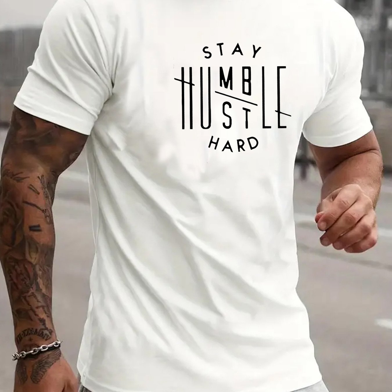 TEMU Men's Summer Casual Short Sleeve T-shirt With "stay " Graphic Print - Light Beige Round Neck Tee, Regular Fit, Machine Washable For Casual