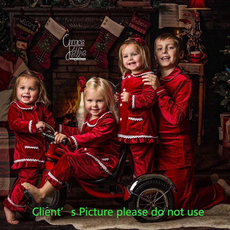 1-14Y Baby Boy Girl Christmas Essential Warm Winter Red Velvet Pajamas Set Toddler Long Sleeve Lace Sleepwear Kids Clothing Suit 240913