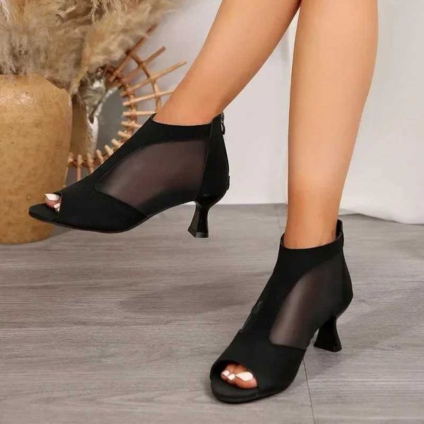 Womens shoes for sale 2024 new zipper summer clothes heel womens sandals solid mesh open toe mid heel mature fish mouth sandals Y241014